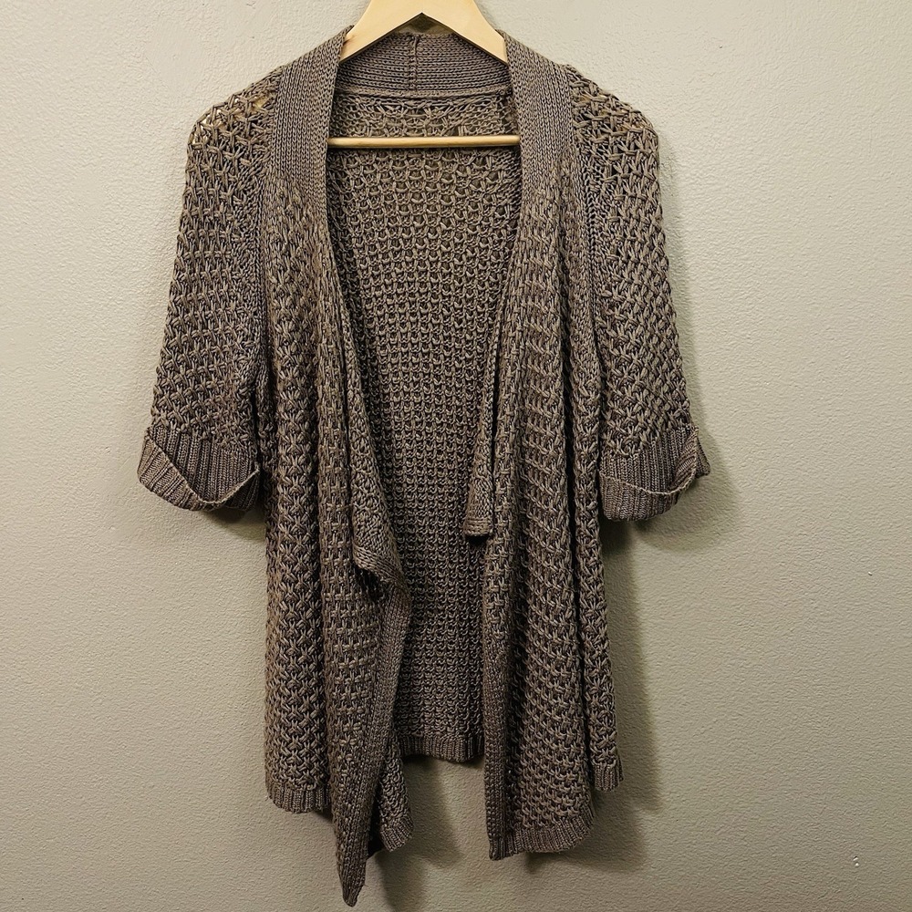 Asymmetrical Chunky Knit Cardigan Short Sleeve Beige Brown Goblincore Sz S -READ